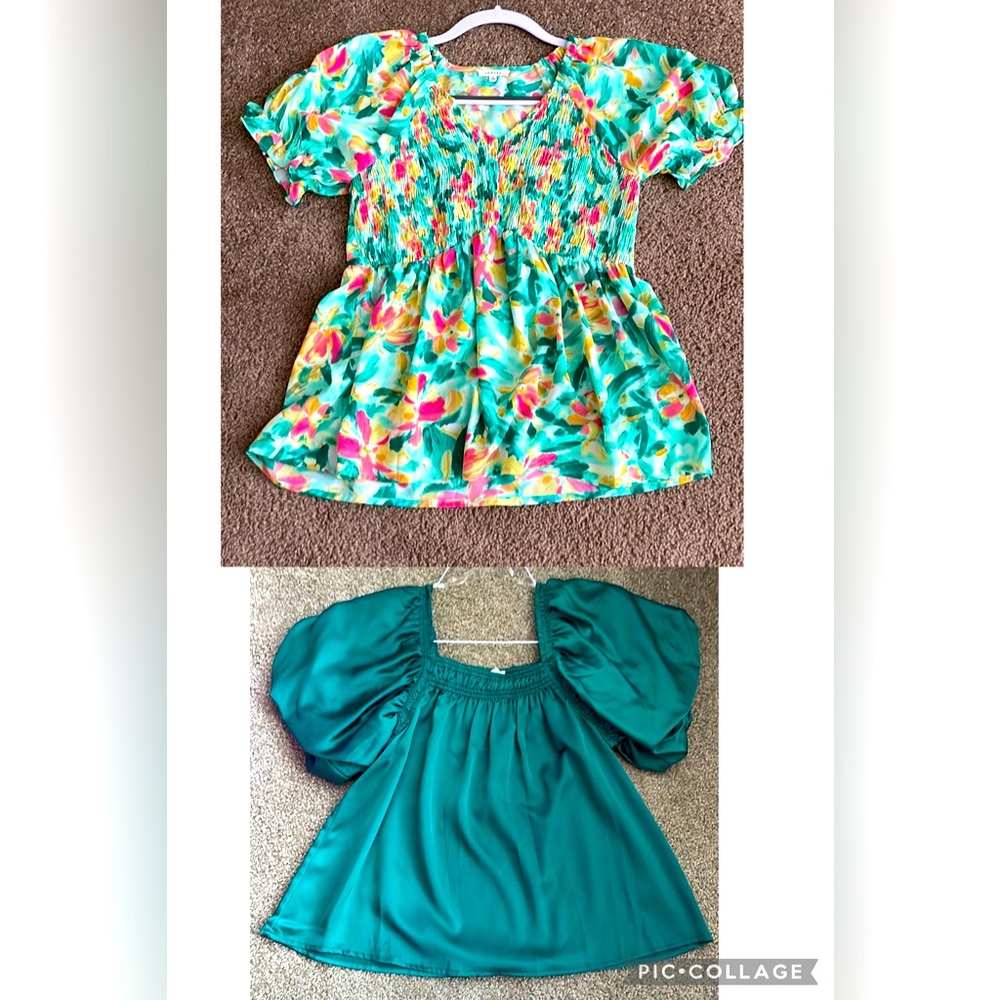 Entro Green Puff Sleeve Smocked Blouse